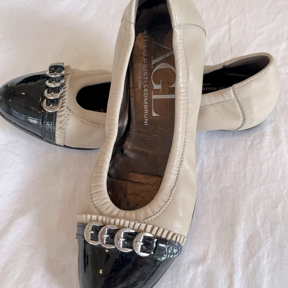 AGL Cap Toe Ballet Flat N501016 Sand and Black Italian Leather,Size 7.5